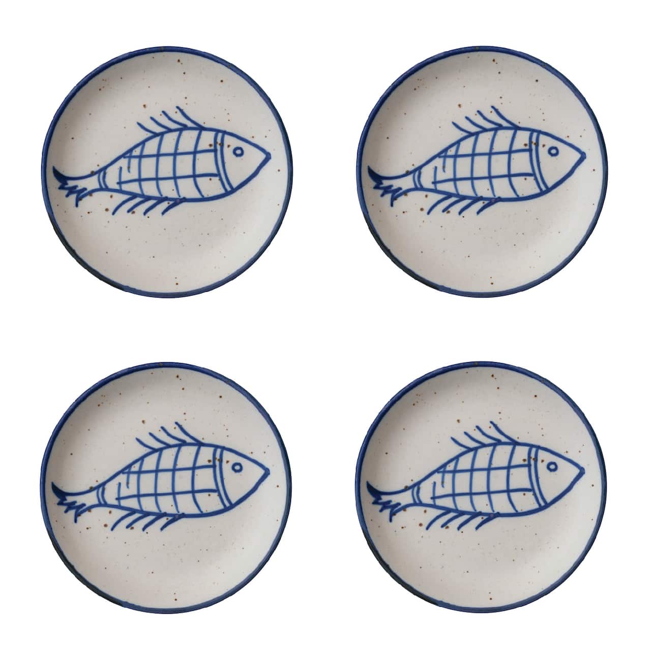 Hello Honey® 7" Blue & White Fish Design Hand Painted Stoneware Plates , 4ct.